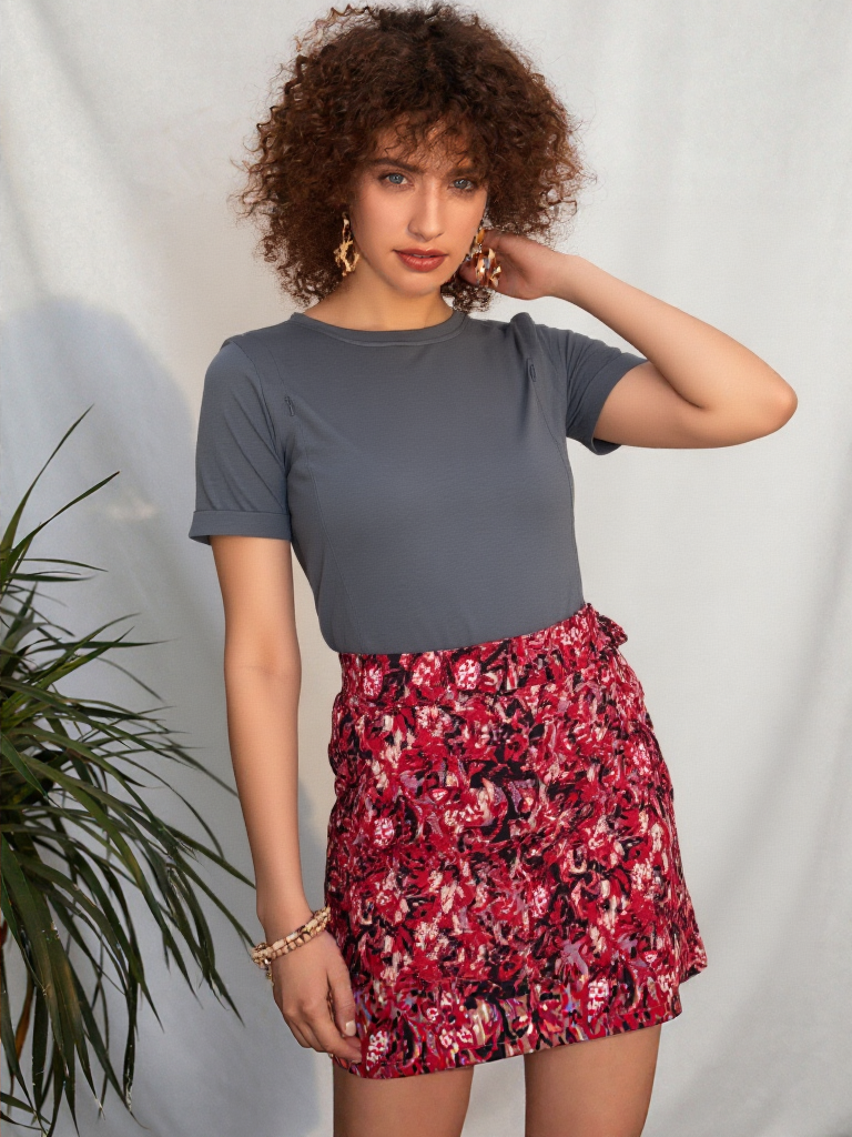 Woman wearing a grey top with subtle breastfeeding access and red floral skirt standing against a plain background.