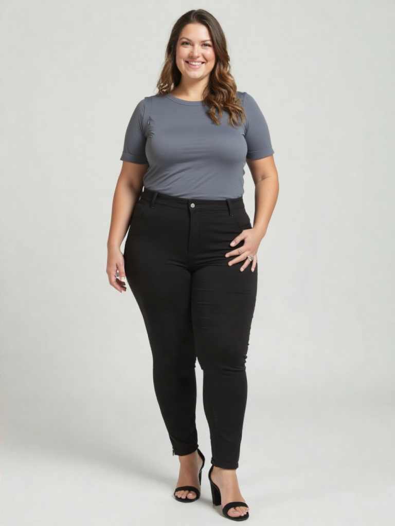 Woman wearing a grey nursing t-shirt and black pants on a white background
